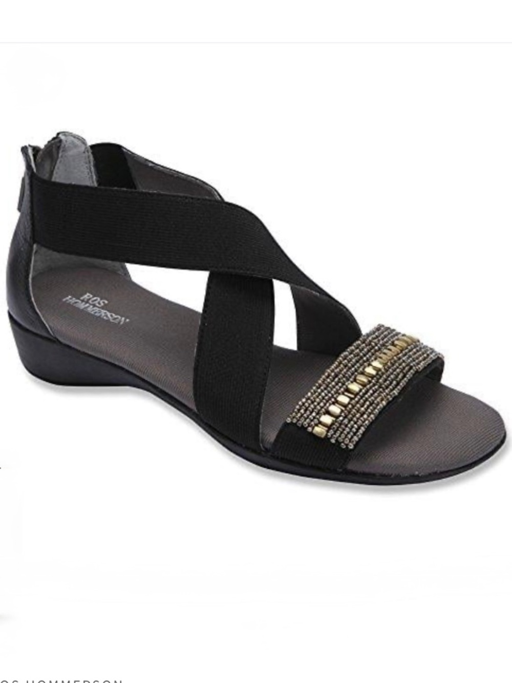 Ros Hommerson Mara sandals comfort black stretch straps gold beads 9.5W NIB